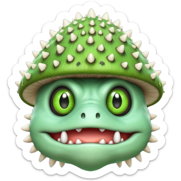 poisonous mushroom monster portrait, head and shoulders only, animal-like creature, mushroom cap head with spikes, toxic green glow, beast-like eyes, furry neck details, monstrous but cute fantasy vibe, 3D cartoon, mobile game icon style, clean background, no text, no watermark

 sticker