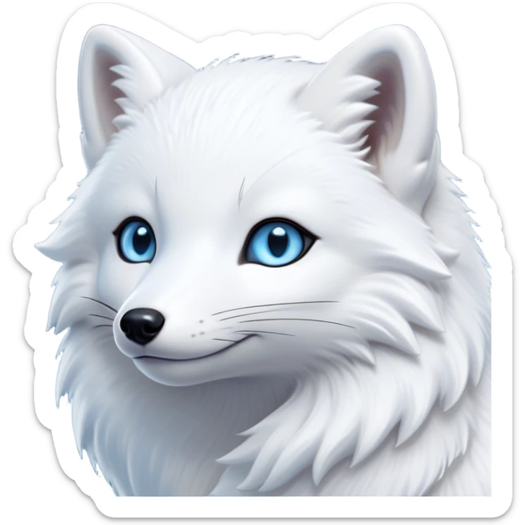 Cinematic Noble Arctic Fox Portrait Emoji, Poised and regal, with a compact, agile build and a luxurious, pure white Fur accented by a subtle hint of icy blue, deep-set soulful piercing eyes, Simplified yet sharp and sophisticated features, highly detailed, glowing with a soft, dignified glow, high shine, intelligent and cunning, stylized with an air of arctic elegance, focused and attentive, soft glowing outline, capturing the essence of a watchful and confident fox, so majestic it feels as though it could dash out of the screen with effortless authority! sticker
