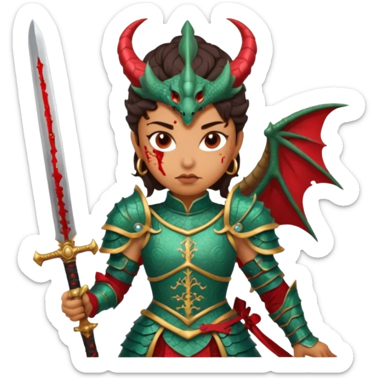 Fierce Latina in armor with a sword after a battle cutting off the head of a dragon sticker
