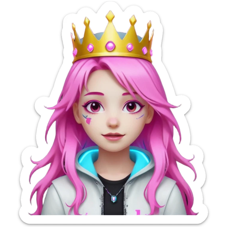 girl neon cyberpunk light pink happy long hair crown white and pink sticker