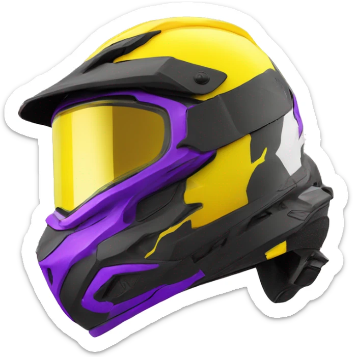 luminous yellow and black dirt bike helmet with white goggles that have purple lenses sticker