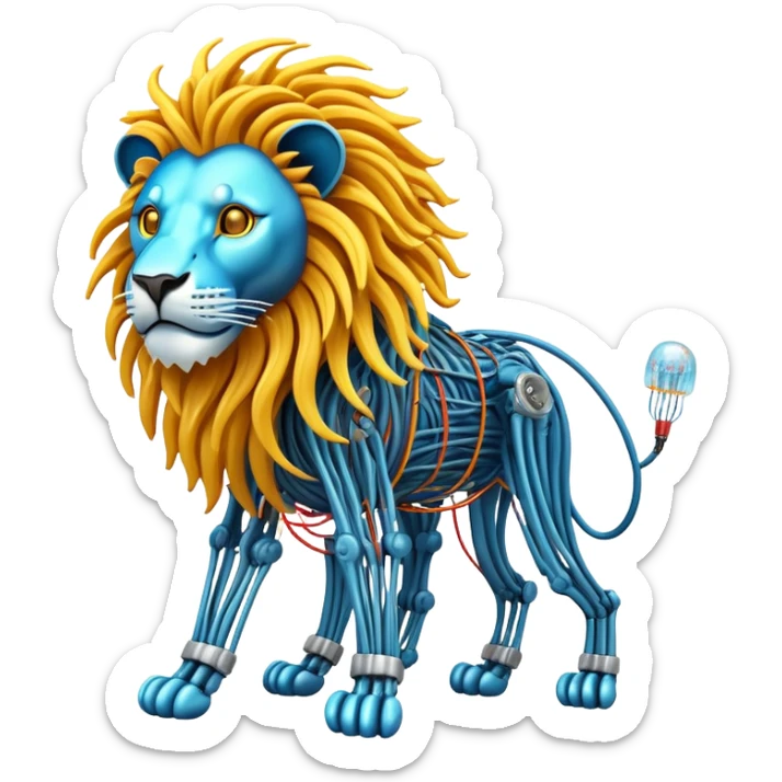 A high-tech lion made of electric wires and cables with rubber scales that reveal its electric skeleton, possessing both jellyfish-like tendrils and the ability to generate electrical pulses that illuminate the ocean depths. sticker