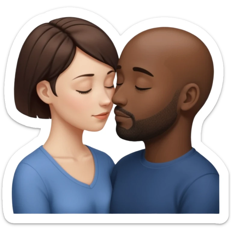 a white woman with short brown hair and a black man with no hair and a beard are facing one each other and their forehead are touching. They close their eyes and their are in love. The space between their nose is a bit larger sticker