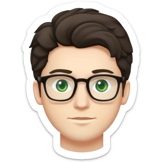 young man with pale skin, dark tall voluminous slightly wavy hair styled up high on head but not curly, wearing glasses with green eyes and very light stubble, with a slight smile sticker