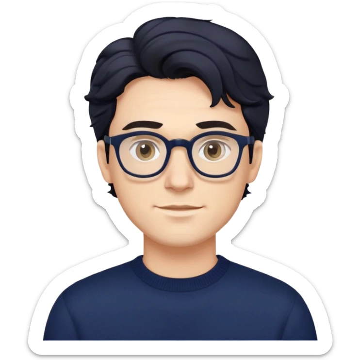 Caucasian male with wavy black hair wearing eyeglasses and a dark navy blue long sleeve pullover sweater sticker