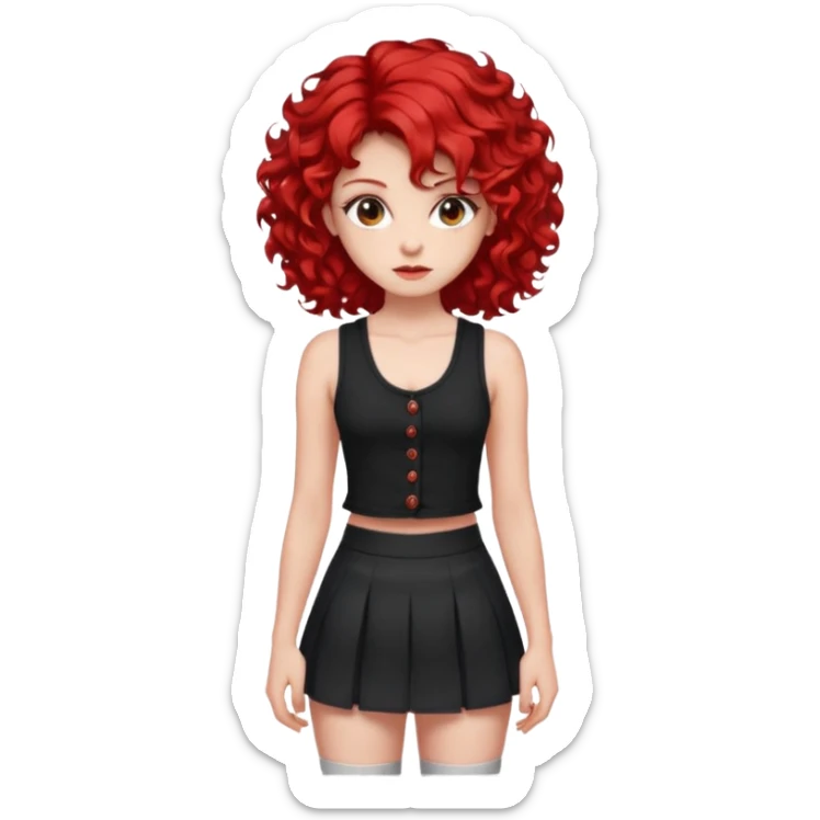 red haired girl with 2 big curls on the sides of her hair with a button up black tank top with red accents and a short skirt with red end sticker