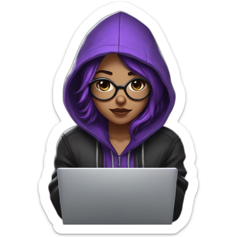 Girl broun artist with round glasses left side behind his laptop with this style: valorant riot Game purple character purple black hooded hacker themed character sticker