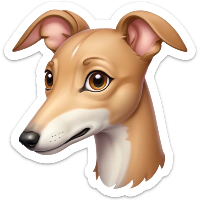Cinematic Cute Fawn Greyhound Portrait Emoji, Head tilted playfully and inquisitively, featuring a sleek fawn Fur with a gentle sheen, round, sparkling eyes filled with curiosity, Simplified yet irresistibly adorable features, highly detailed, glowing with a warm, friendly glow, high shine, affectionate and nimble, stylized with a touch of whimsy, bright and endearing, soft glowing outline, capturing the essence of a mischievous yet loving racer, so playful it feels like it could sprint out of the screen and into your arms! sticker