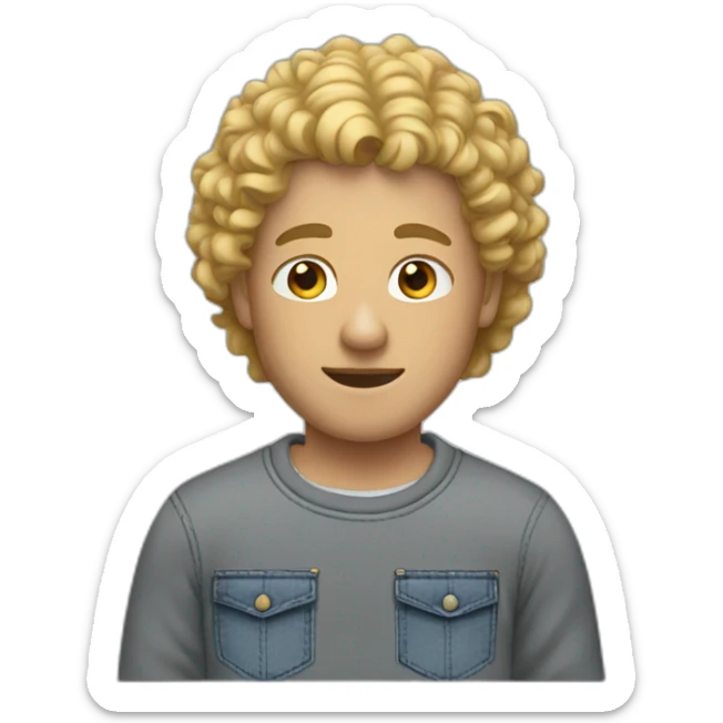 a man with blond curly hair and he wear a jean and a grey sweatshirt  sticker