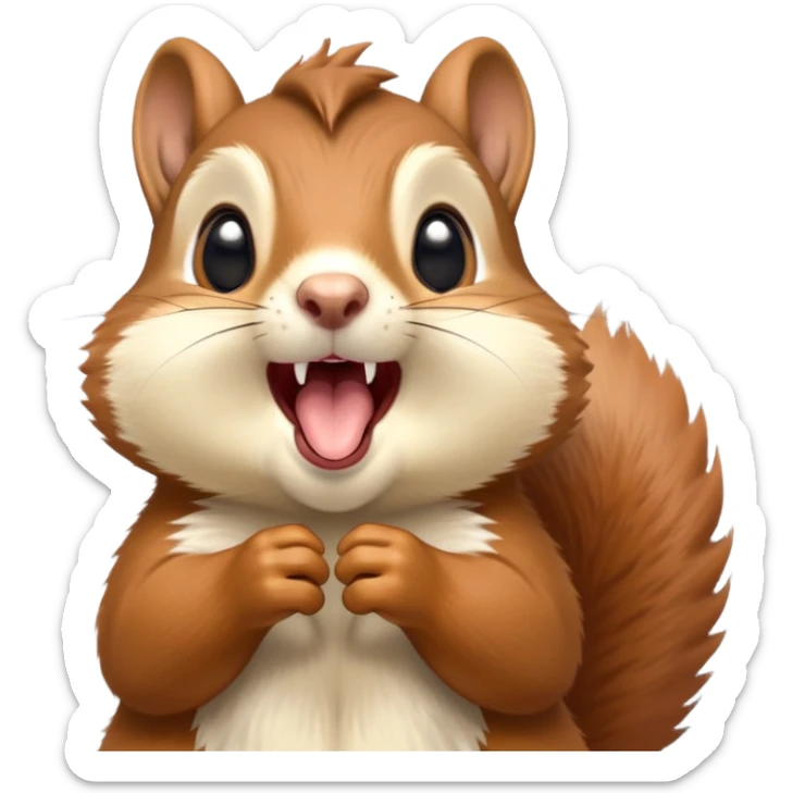 cinematic-cute-yawning squirrel-portrait-emoji,-head-tilted-playfully-and-inquisitively,-featuring-a-fluffy,-vibrant-auburn-fur-with-a-delicate-cream-belly-and-a-bushy-tail,wide-open yawn, revealing a soft grey  -round,-sparkling-eyes-filled-with-curious-mischief, sticker