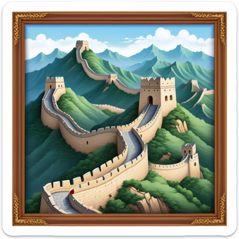 Cinematic Realistic Great Wall of China Landmark Emoji, depicted as ancient fortifications winding across majestic mountains, rendered with intricate detail and dramatic lighting. sticker