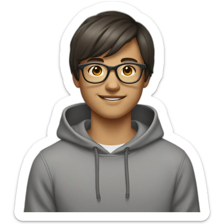 teenager with short dark brown shoulder length hair and bangs and glasses smiling winking gray hoodie sticker