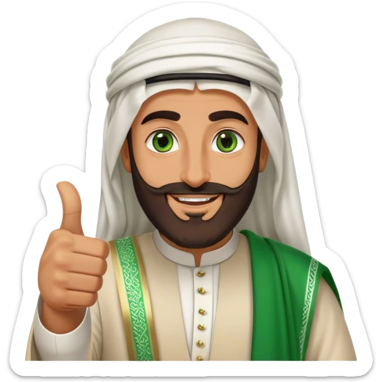 "Tanned Arab Saudi man with green eyes and a beard, wearing an agal and traditional attire, smiling happily and giving a big thumbs-up sticker