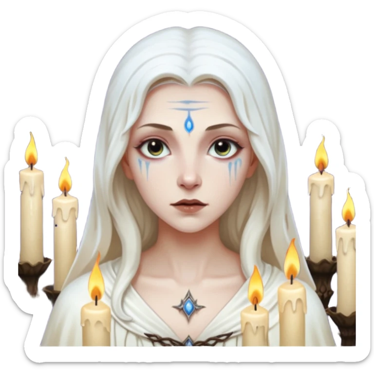 Pale sorceress lit by dozens of candles, wet skin glow, slow seductive gaze, dark fantasy cinema sticker