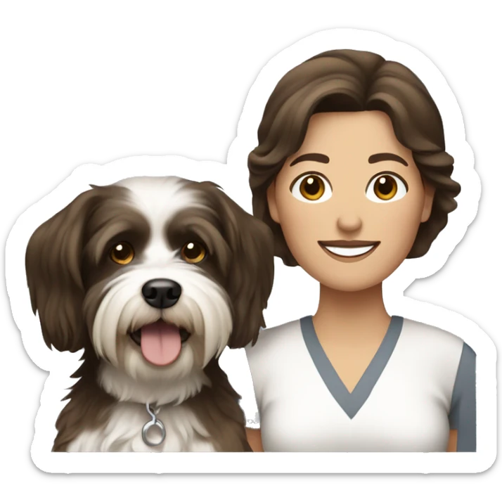 tan middle aged woman with brown hair, with black and white havanese dog sticker