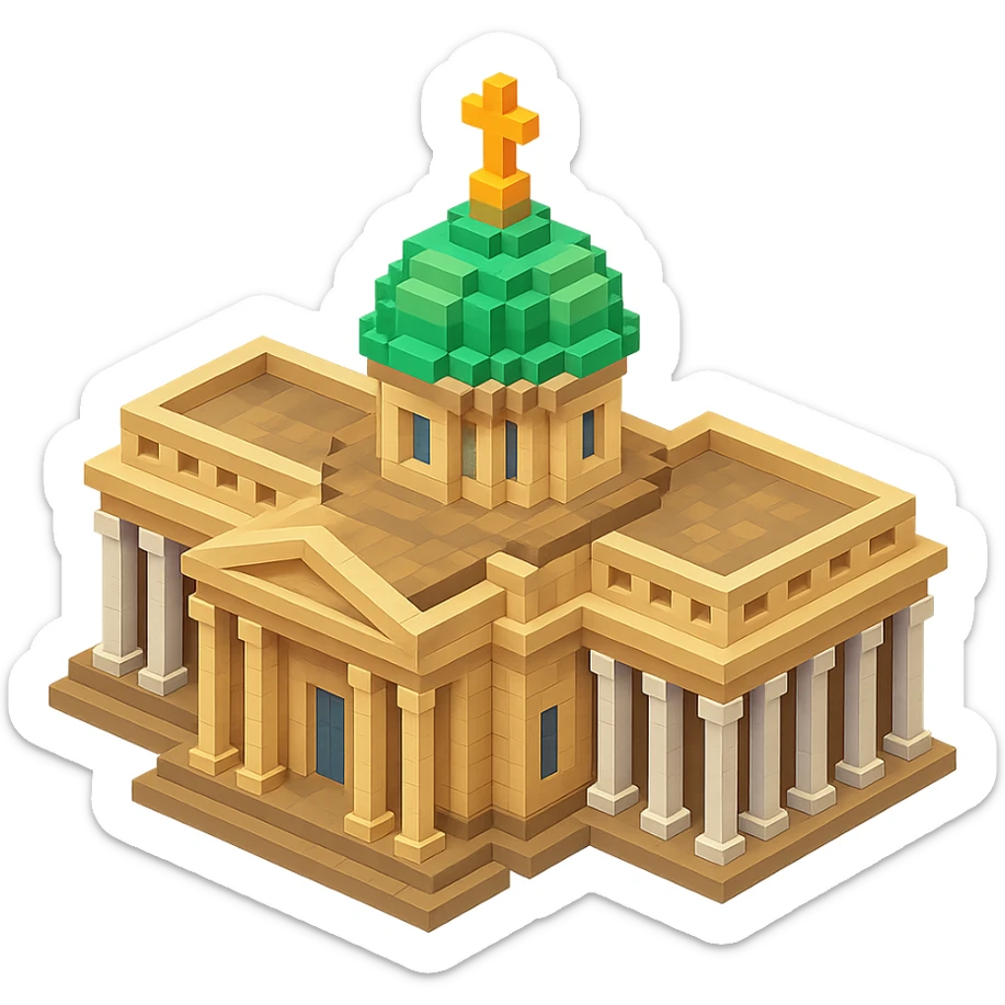 Kazan Cathedral of Saint Petersburg in voxel style, isometric view, realistic colors with light brown stone, green central dome, white columns sticker