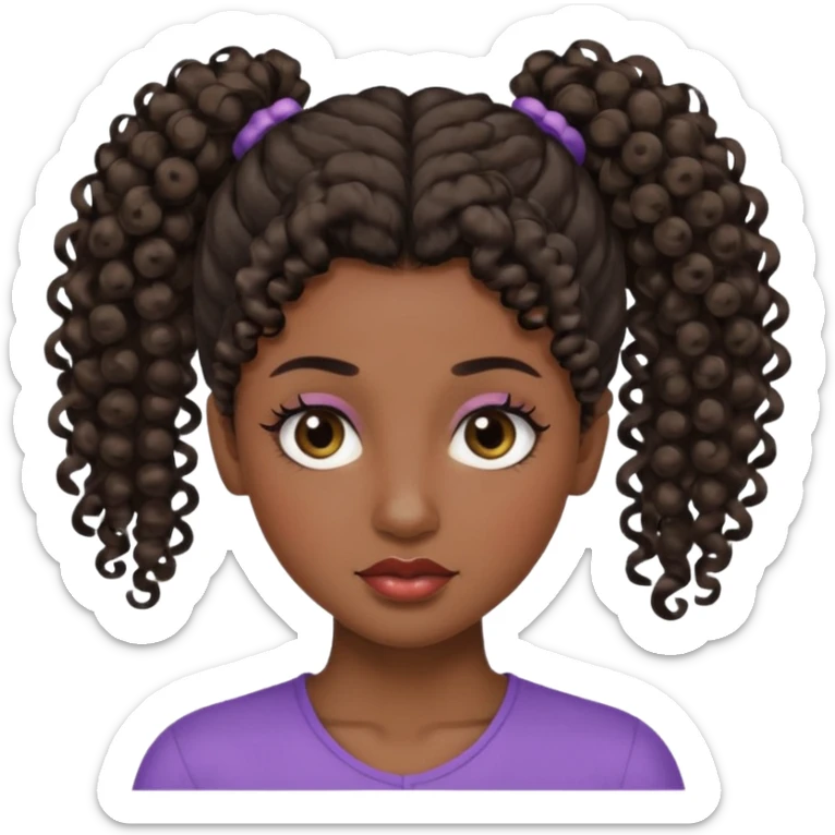 emoji sucking its lips in with one eyebrow up and the other one down dark skin and curly hair in one ponytail with eyelashes up to her hair sticker