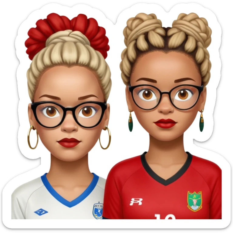 Rihanna must have freckles on nose and soccer woman with updo dreadlocks from east Caribbean wearing a red and white jersey and cateye eyeglasses sticker