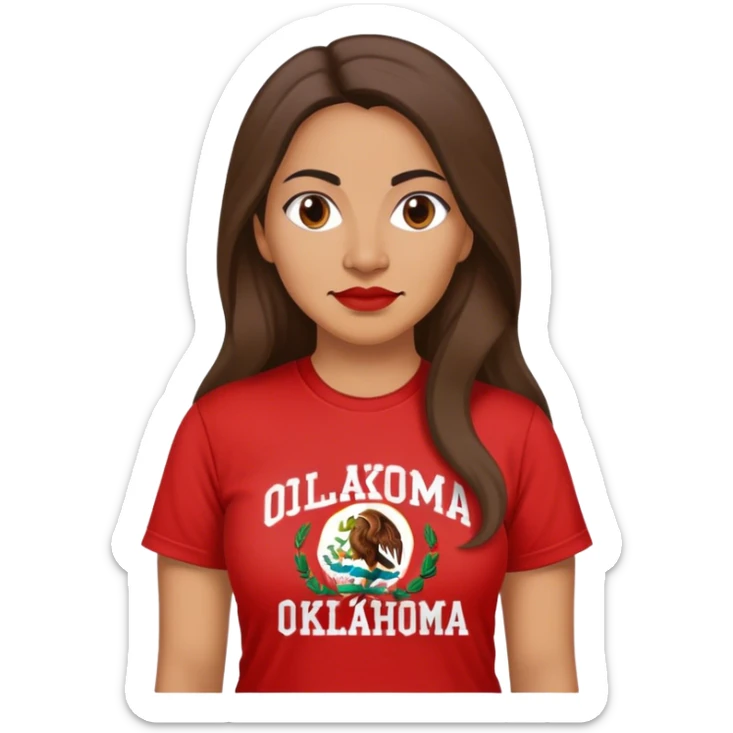 40 year old Mexican woman long hair in a red “OKLAHOMA” t-shirt sticker
