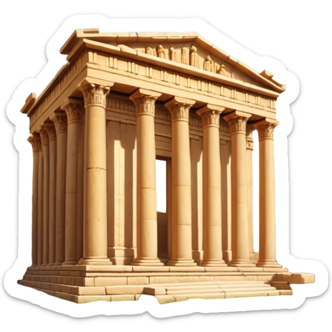 Baalbek temple – Cinematic Realistic Baalbek Temple, depicted as an ancient Roman temple complex with towering columns and intricately carved stone details, bathed in golden sunlight and dramatic shadows that evoke timeless historical grandeur. sticker