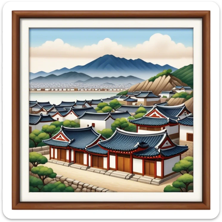 Cinematic Realistic Bukchon Hanok Village Landmark Emoji, depicted with traditional Korean houses set against a scenic backdrop rendered with detailed textures and warm, inviting lighting. sticker
