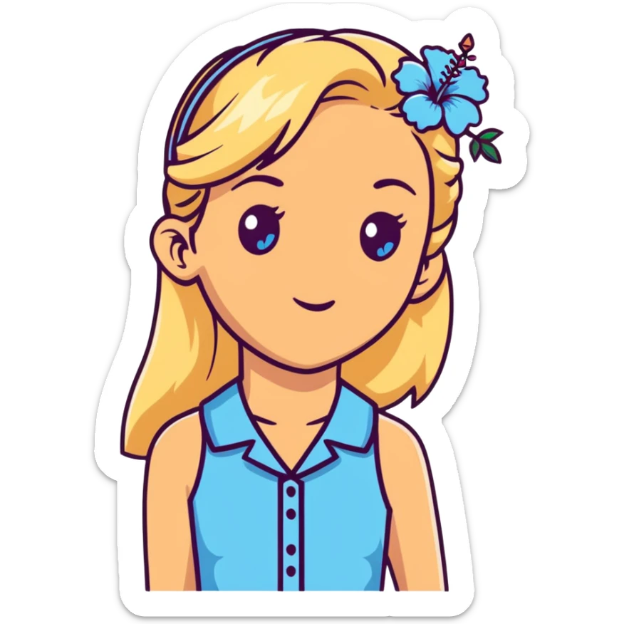 preppy coastal teen girl with blue eyes, beach blonde hair, tan skin, hibiscus flower in her ear, preppy beach outfit sticker