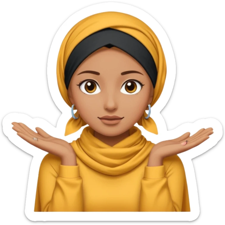 tanned skin woman with a modern headscarf, makeup, and a long sleeve shirt covering shoulders and arms, emoji style sticker