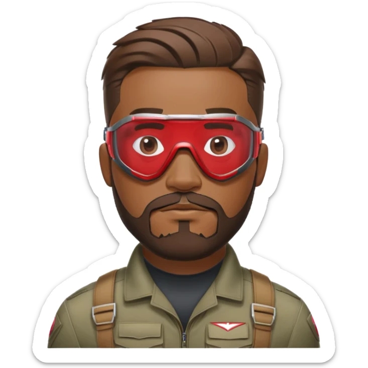 sam wilson with a close to the scalp hair  and  a well-groomed beard that connects to his mustache,  wear sleek, red-tinted tactical goggles fit snugly from captain america: civil war sticker