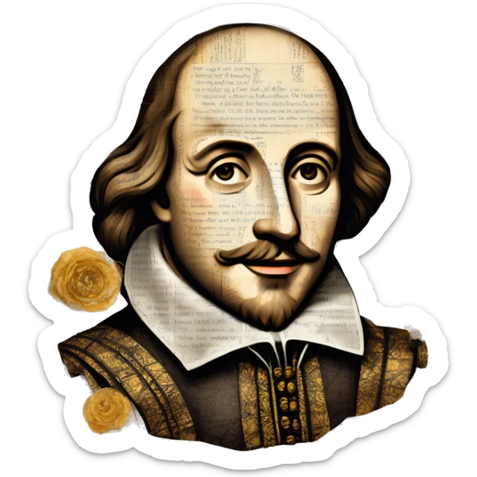 Shakespeare made of newspaper cuttings wearing flowers, stained glass, fairy lights, bokeh, annotated sketch, handwritten letters, collage of intricate patterns, gold swirls, bokeh, lights  sticker