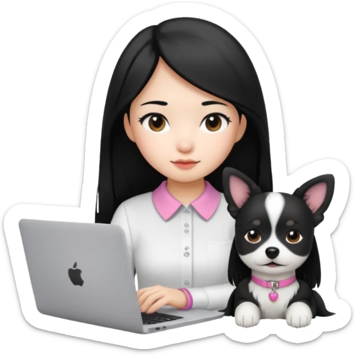 Blue back ground, Asian girl with long black hair , wearing a white shirt, working on an Apple laptop, next to her is a small black and white dog with pink collar on  sticker