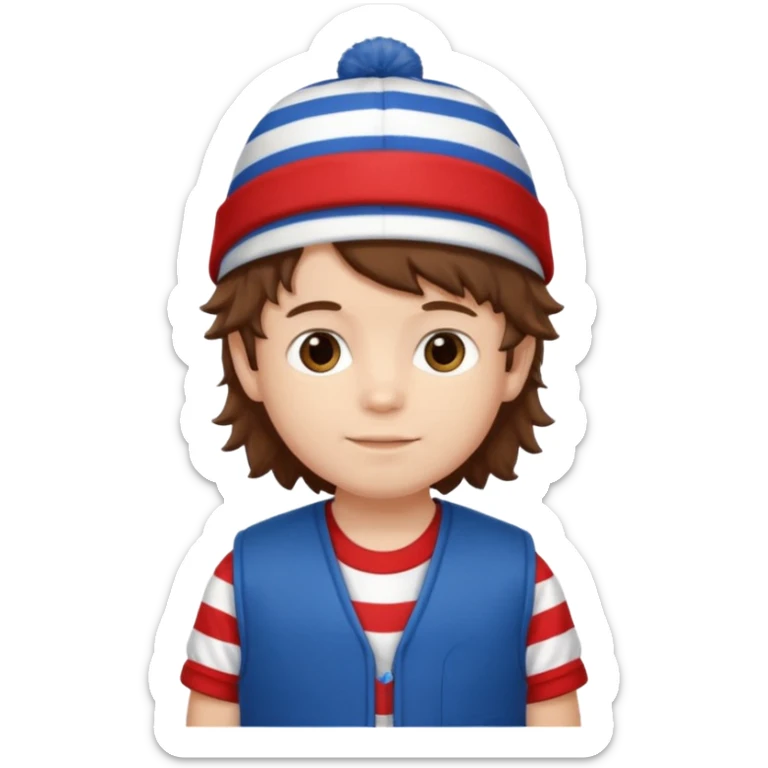 brown fluffy hair kid with blue and white hat dark blue jilet red t shirt sticker