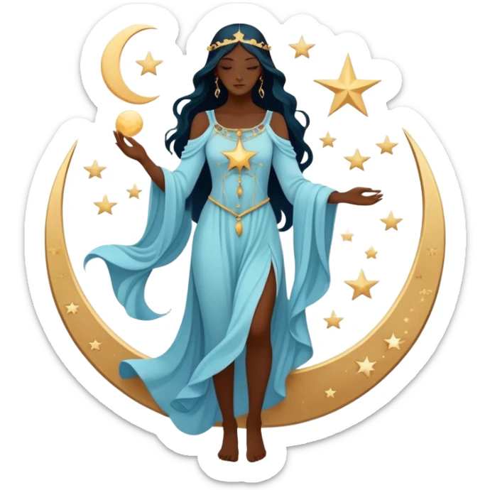 Mystical tarot card with flowing clothing silhouette, ethereal fashion symbol with stars and moon elements sticker