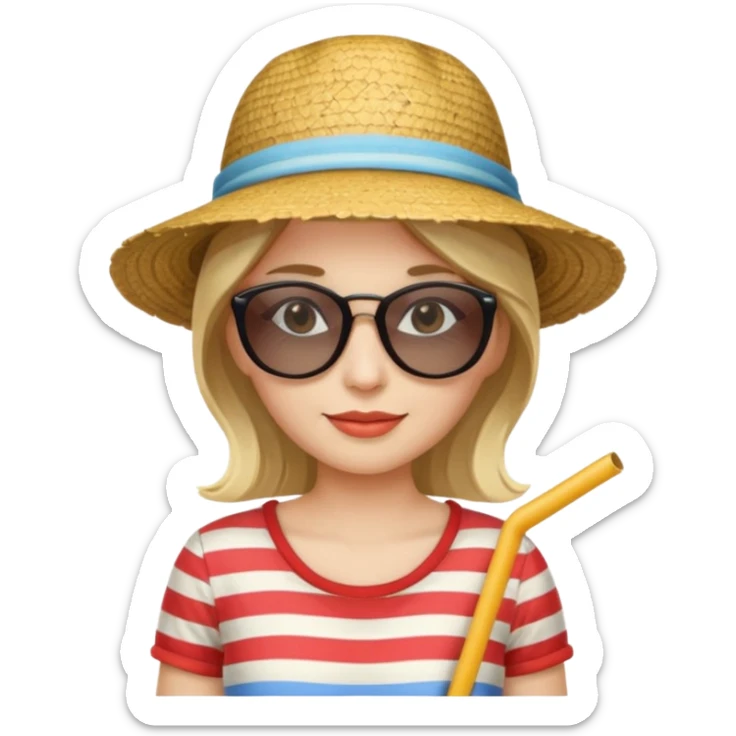 woman with striped clothing sun glasses and straw hat sticker