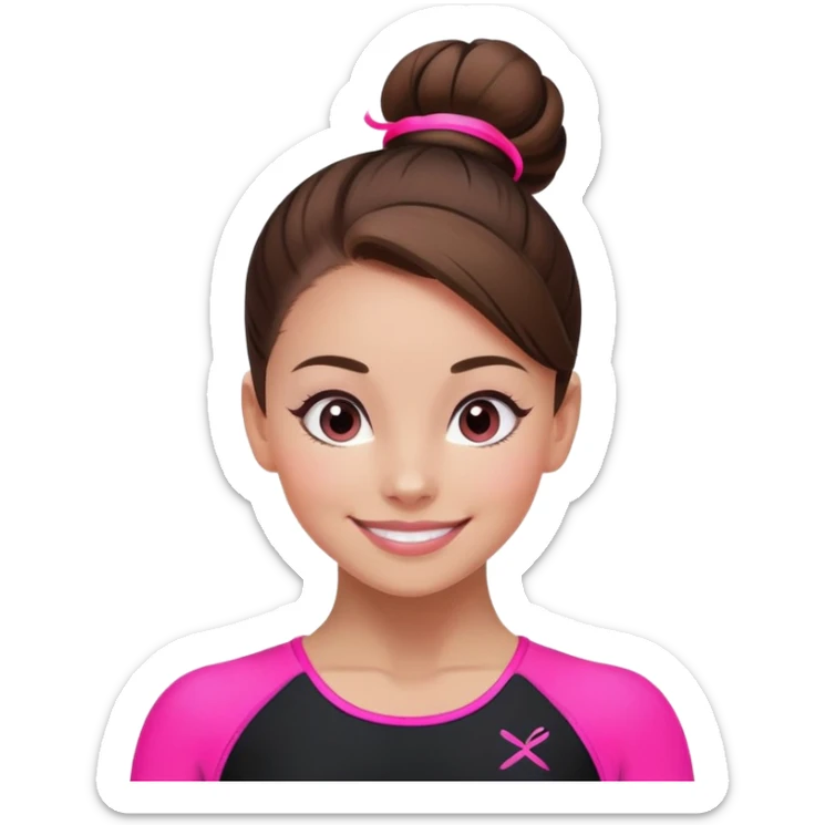 Happy female gymnast with brown hair in a neat bun, wearing a black uniform with neon pink elements. sticker