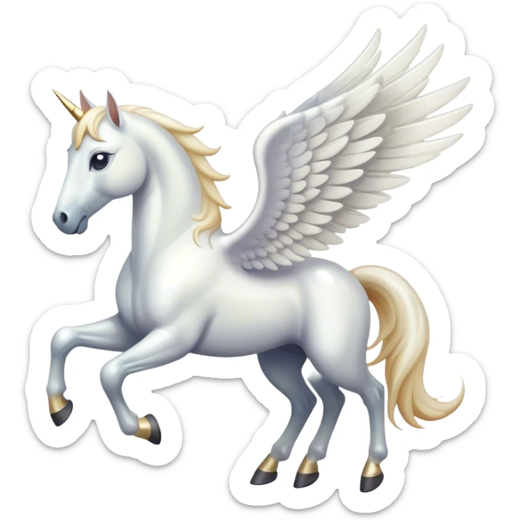 "Create a Pegasus emoji with white wings, a sleek horse body, and a magical glow. Add soft gradients and subtle sparkles for a mythical touch." sticker