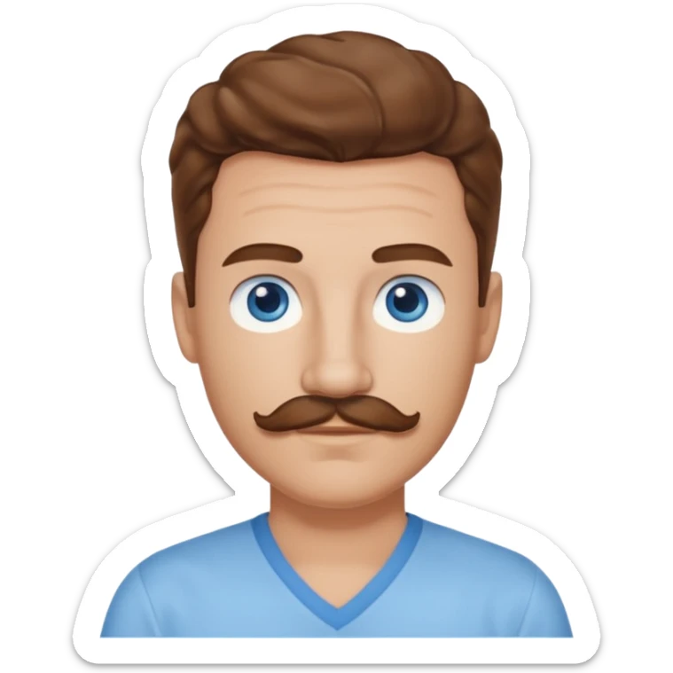 Benson Boone blue eyes, brown wavy hair and mustache, light blue v-neck shirt sticker