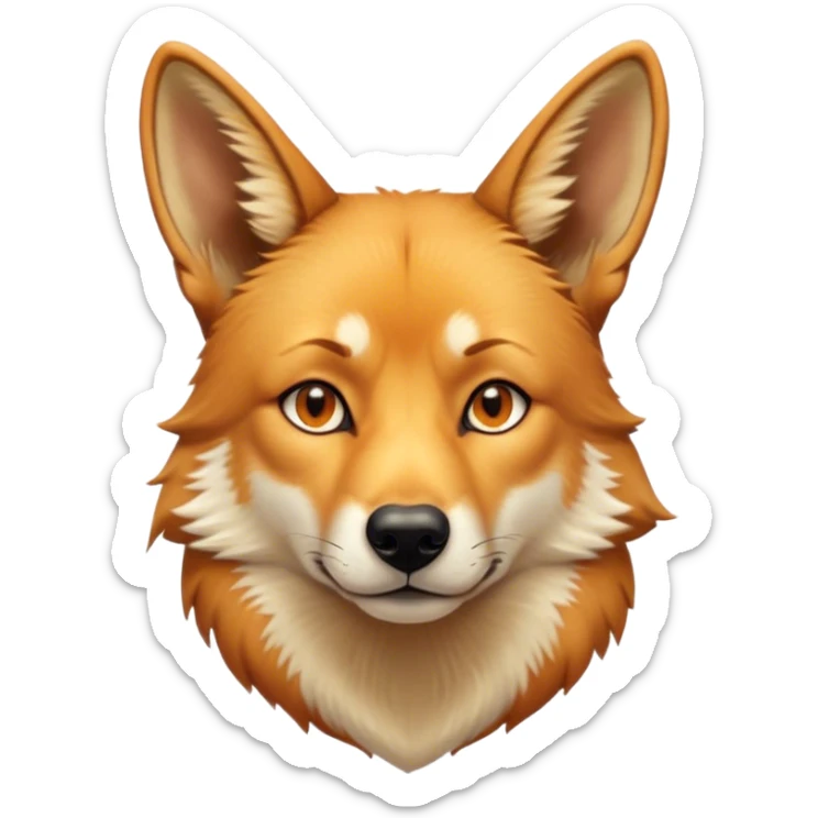 Cinematic Noble Dingo Portrait Emoji, Poised and regal, with a lean, agile build and a short, sandy-tawny fur that speaks of the wild outback, deep-set soulful amber eyes and alert ears, Simplified yet sharp and sophisticated features, highly detailed, glowing with a soft, dignified glow, high shine, intelligent and resourceful, stylized with an air of untamed elegance, focused and attentive, soft glowing outline, capturing the essence of a watchful and confident wild canine, so majestic it feels as though it could trot out of the screen with effortless authority! sticker