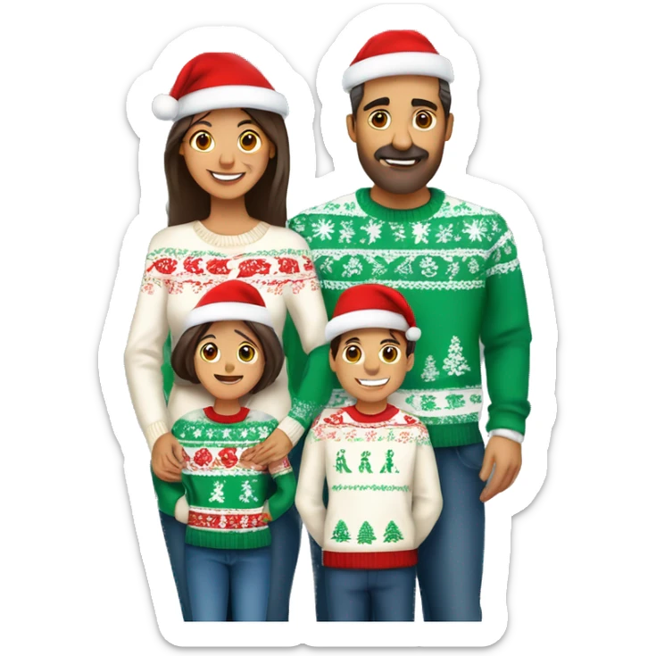 A mexican family of four members with Dad, Mom, Son, and daughter. All wearing Christmas sweaters and Santa hats.  sticker