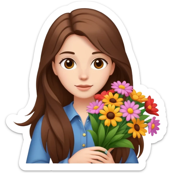 cool girl with long brown hair and fair skin tilting her head to the side while holding a bouquet of flowers sticker