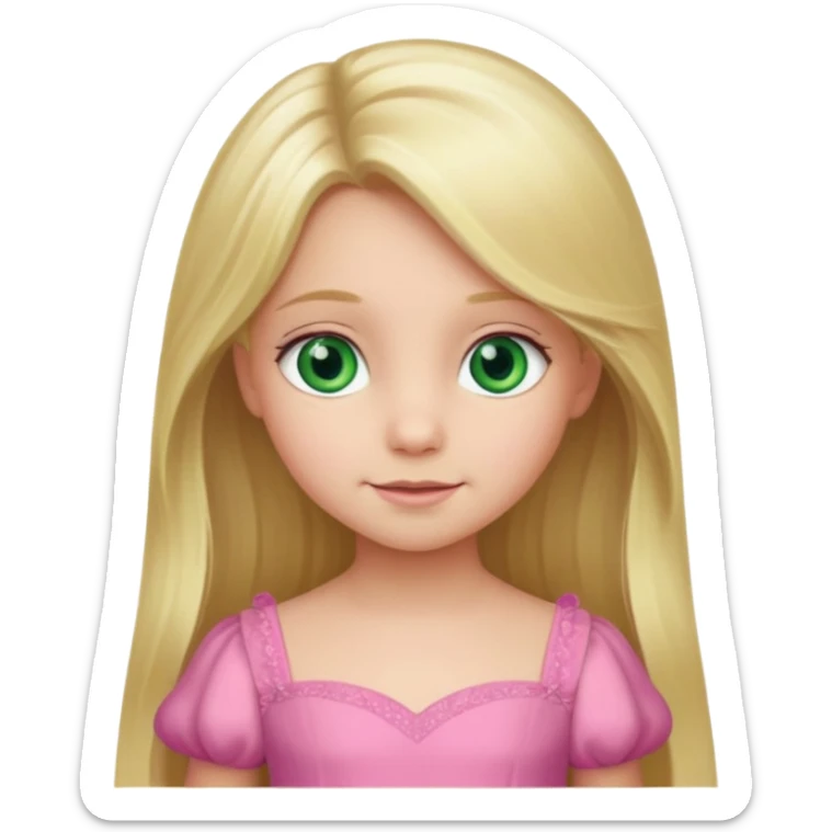 a 5 year old girl with long blond hair green eyes wearing a pink gown sticker