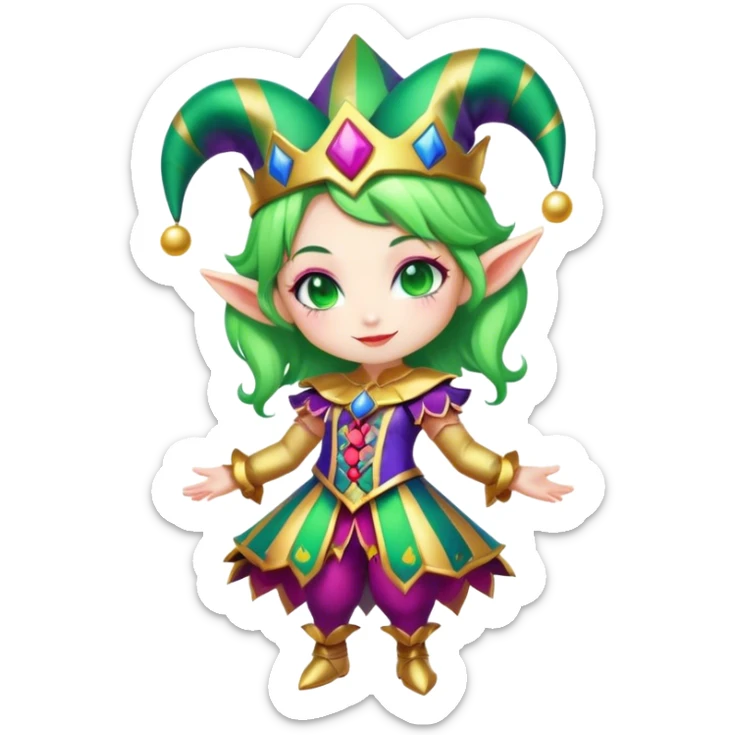 Cinematic chibi style girl in dressed like a Jester, Ultra realistic 32k HD, Breathtaking piece of art, rim lighting, hauntingly beautiful art, vibrant colors, Balanced features, highly detailed digital artwork, glowing with silver light, glowing, high shine, deviant adoptable, highly detailed clothing, remembrance, a painting of white silver, fanciful, enchanting, ghostly, embodying the essence of both reality and fantasy, dreamy, dreamy glow, optical illusion, immaculate composition, complex pose, air composition. The image is so lifelike that it feels as though it could leap off the canvas at any moment sticker