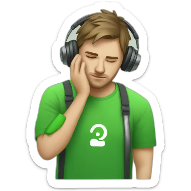 tired programmer wearing headphones in a T-shirt with a green Sberbank logo sticker