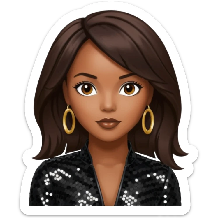 LeToya Luckett with long dark brown hair, black sequin outfit sticker