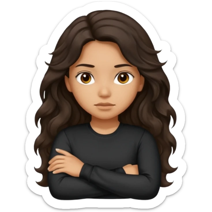 Hispanic girl with dark long wavy hair crossing her arms with slight pout wearing a black long sleeve shirt sticker