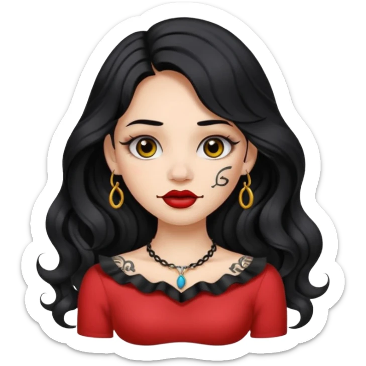I want to create a female emoji with long black wavy hair and collar bone tattoo that says “me before you” and she has her nose pierced and black lip stick sticker