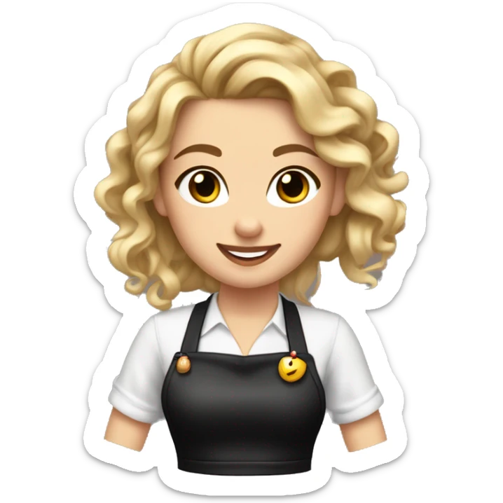 Waitress with white shirt and black apron, curly blonde hair in a pony tail, hazel eyes, lots of bohemian jewelry and bracelets  sticker