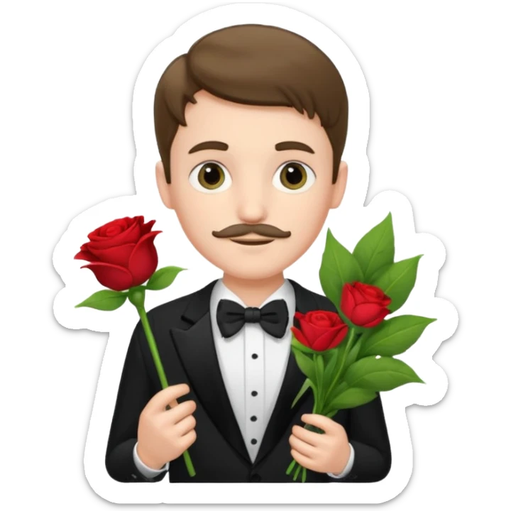 generate an ios genmoji of a 20 year old fair boy with very few and faint mustache hair. should look like he cant grow a mustache., carrying a flower bouquet, wearing a tux sticker
