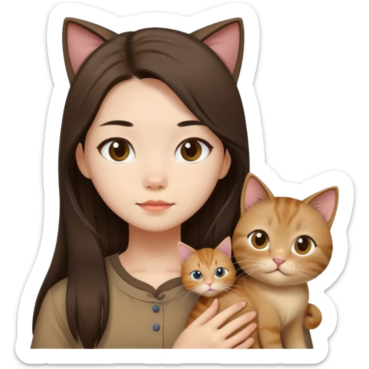 a chinese longhair girl wearing a brown shirt with a cat sticker