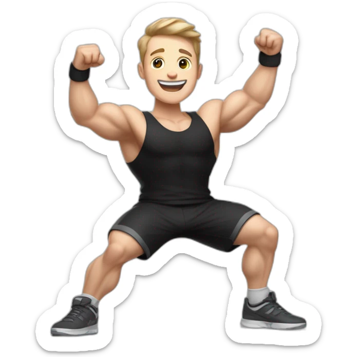 Joyful Celebrating victory Pale skinned Fit Man With the biceps and dark brown hair in black shirt, gray sports shorts and white Sneakers sticker