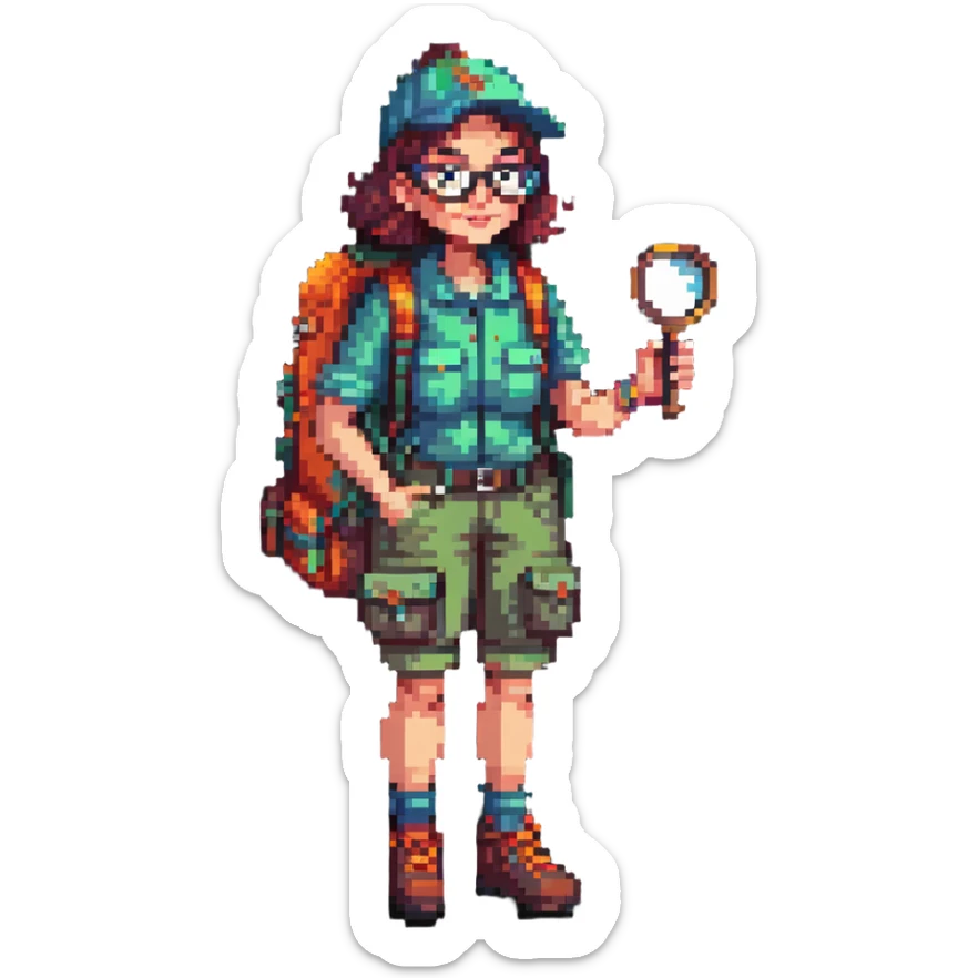 Happy woman explorer in her 40s with glasses, colorful retro hiking outfit, backpack, holding one magnifying glass, detailed pixel art sticker